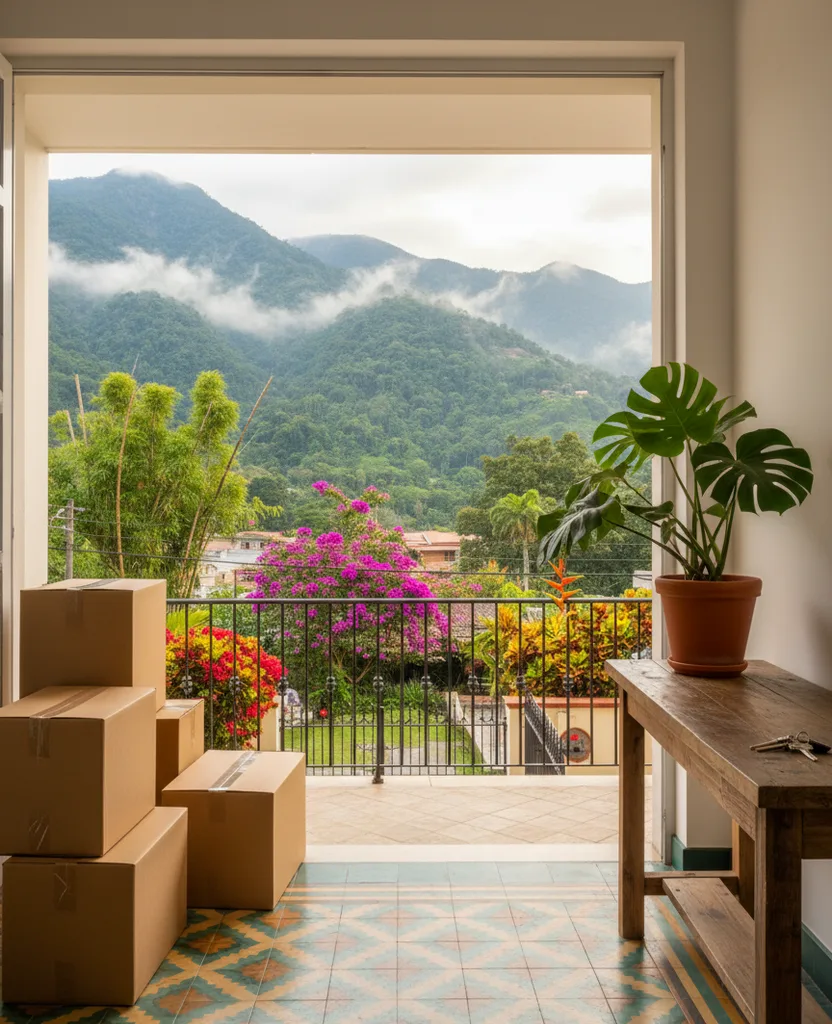 Recibo de un apartamento el día de la mudanza: cajas, llaves sobre una consola y vista a la montaña