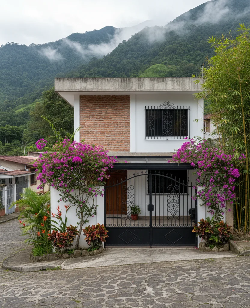 Fachada de una casa de dos pisos con ladrillo a la vista, reja negra y bonguevillas